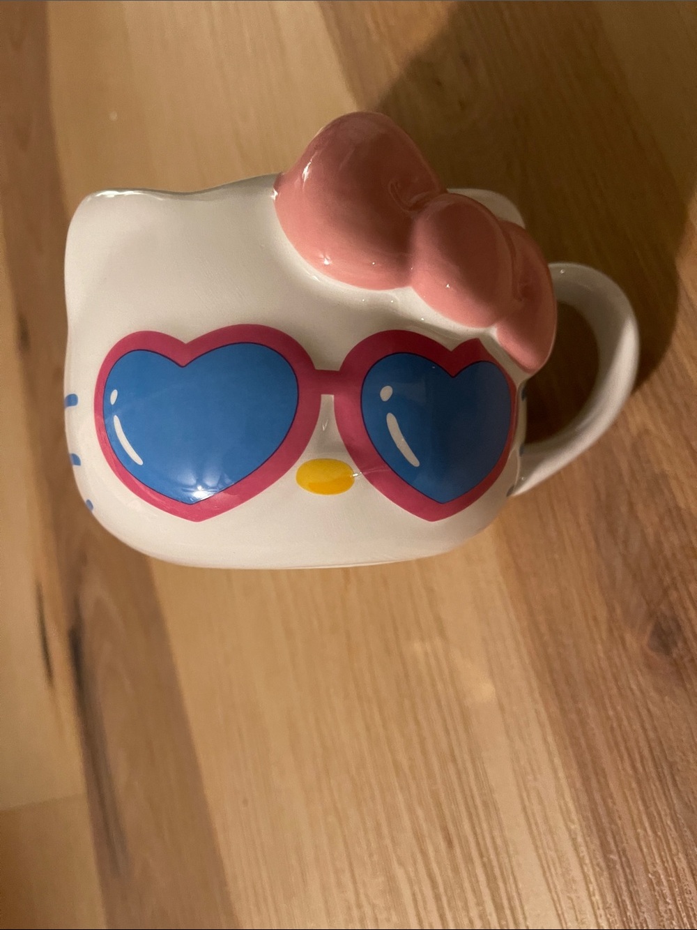 White Hello Kitty Style Ceramic Mug with Pink Bow and Blue Heart Sunglasses